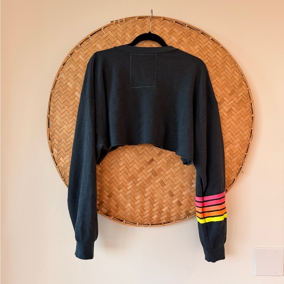 AVIATOR NATION UNISEX RUGBY STITCH CROPPED CREW SWEATSHIRT RELAXED CHARCOAL NEON - Picture 9 of 10